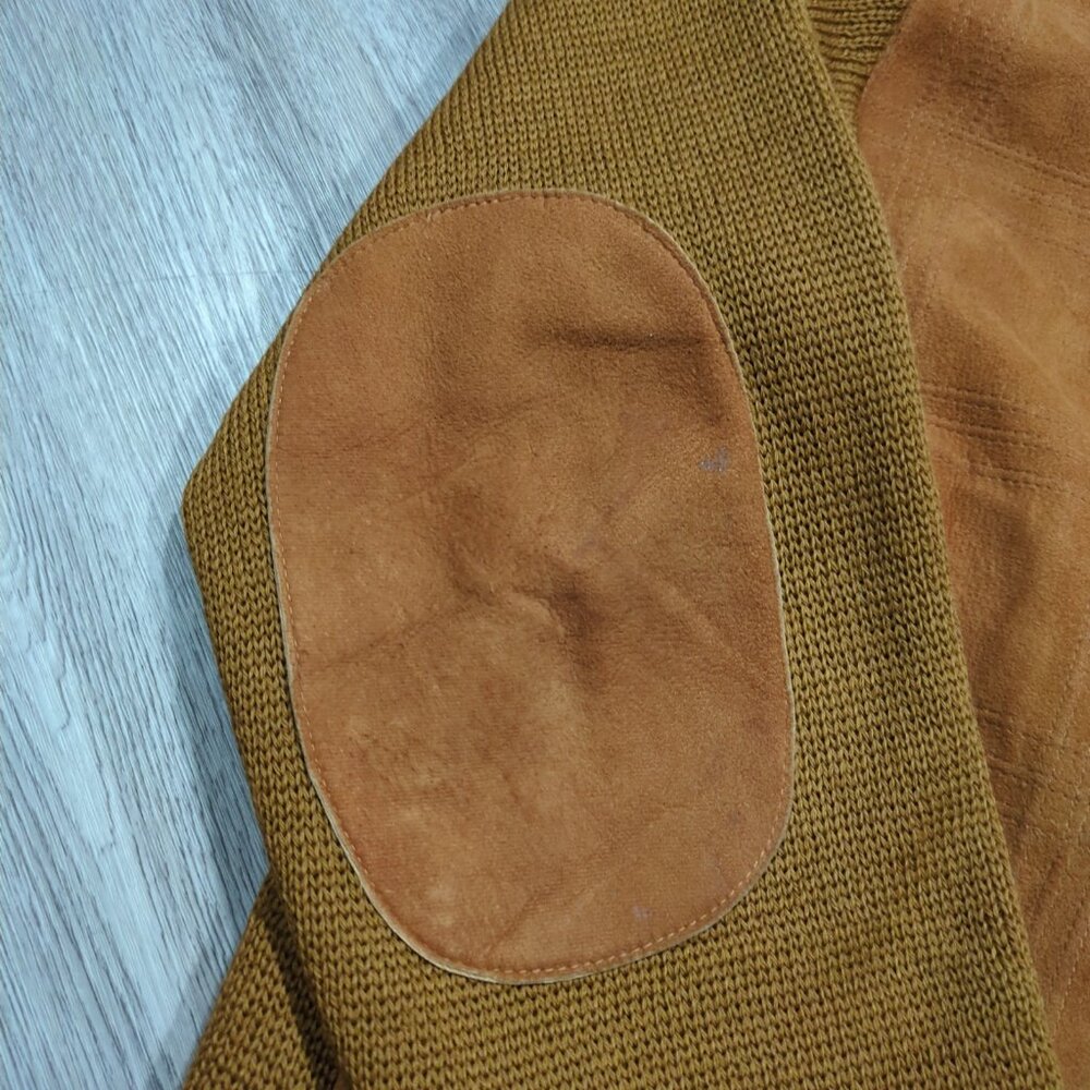 Vintage Tundra Cardigan Sweater Men's Medium Brown Knit Suede Elbow Patches 80s - Picture 10 of 16